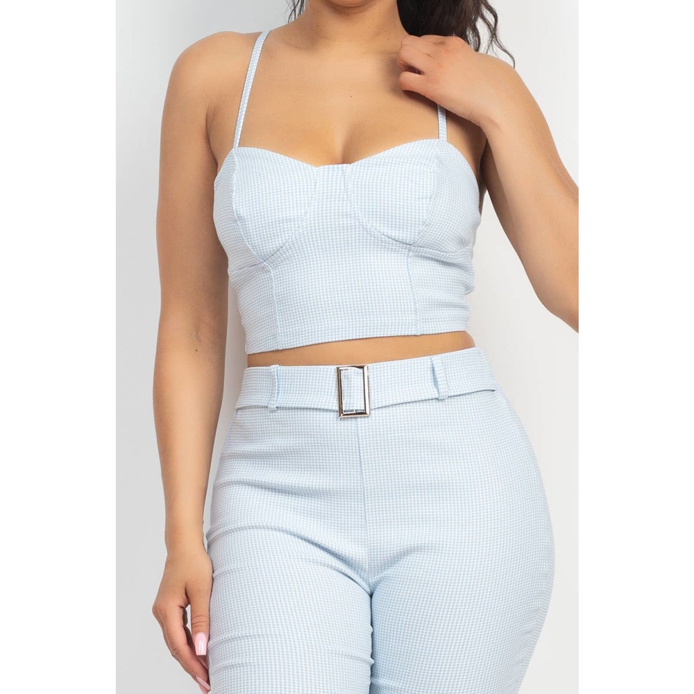 2 Pc Bustier Crop Top & Belted Pants Set in Blue and White
